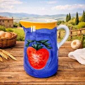 Pizzato Italy Hand Painted Ceramic Pitcher Blue Strawberry 8.5"